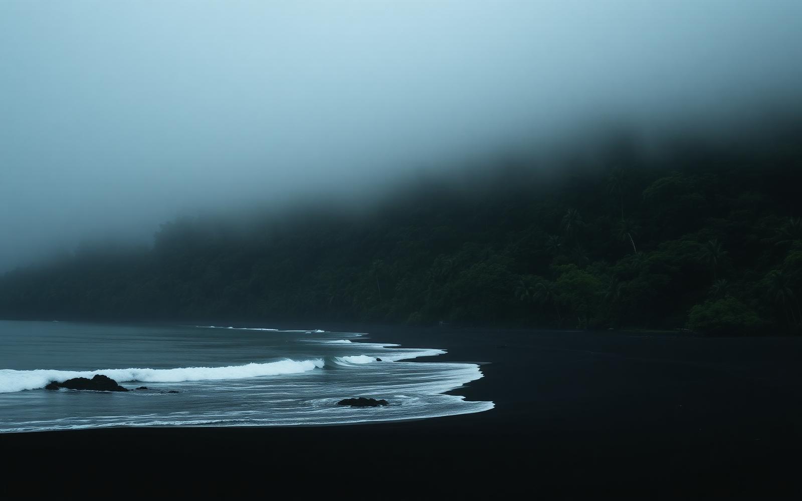 Costa del Pacífico colombiano — mar oscuro, arena negra y selva de Nuquí