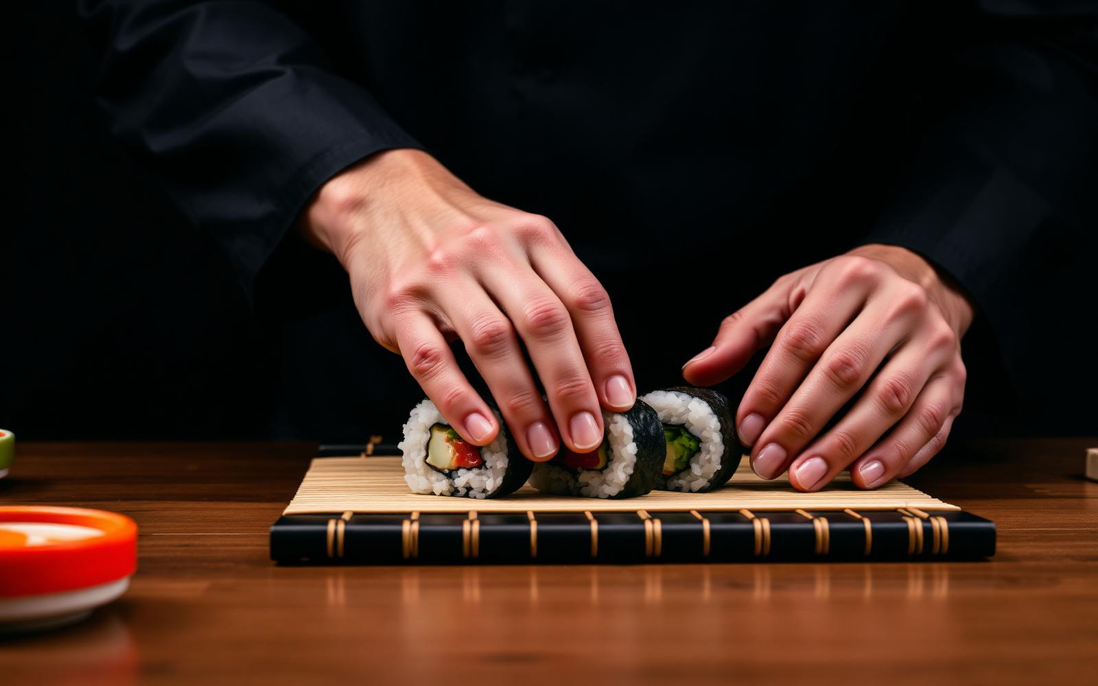 Manos armando un maki sobre una esterilla de bambú