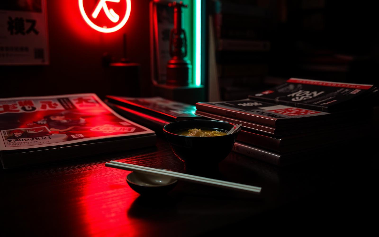 Composición otaku con manga, ramen y neón rojo sobre madera